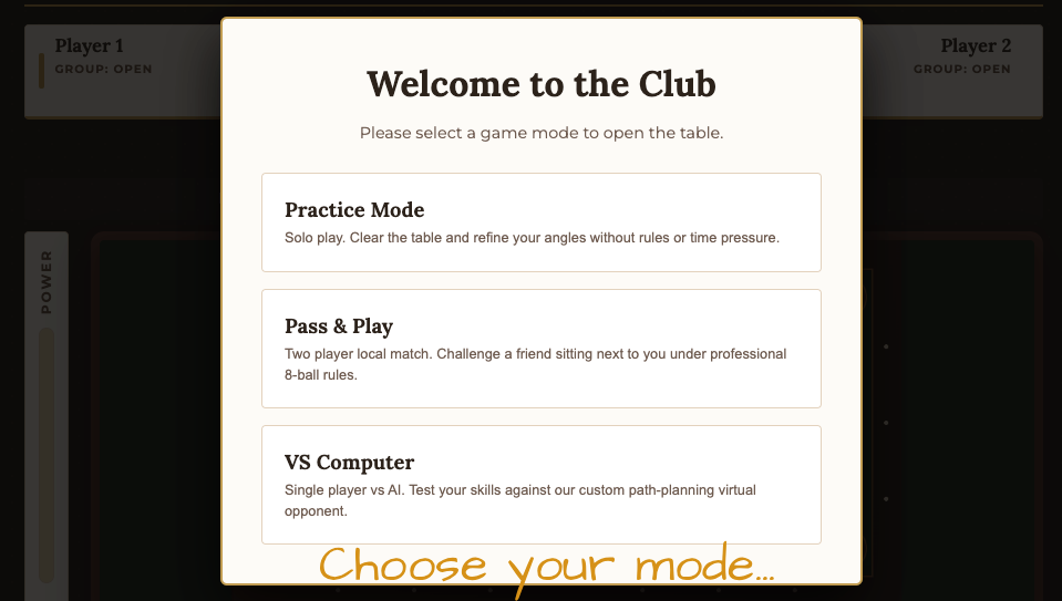 The Billiards Club game mode selection screen with practice, pass and play, and vs computer options