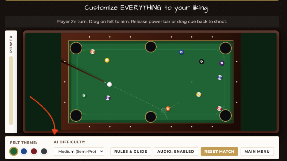 The Billiards Club aiming a shot with felt theme and AI difficulty customization options